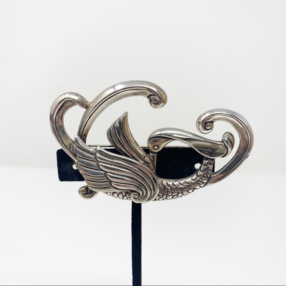 138 Vintage rare Margot de Taxco silver swan pin 5178